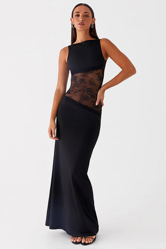 Black Lace Waist Open Back Maxi Dress Hover Image