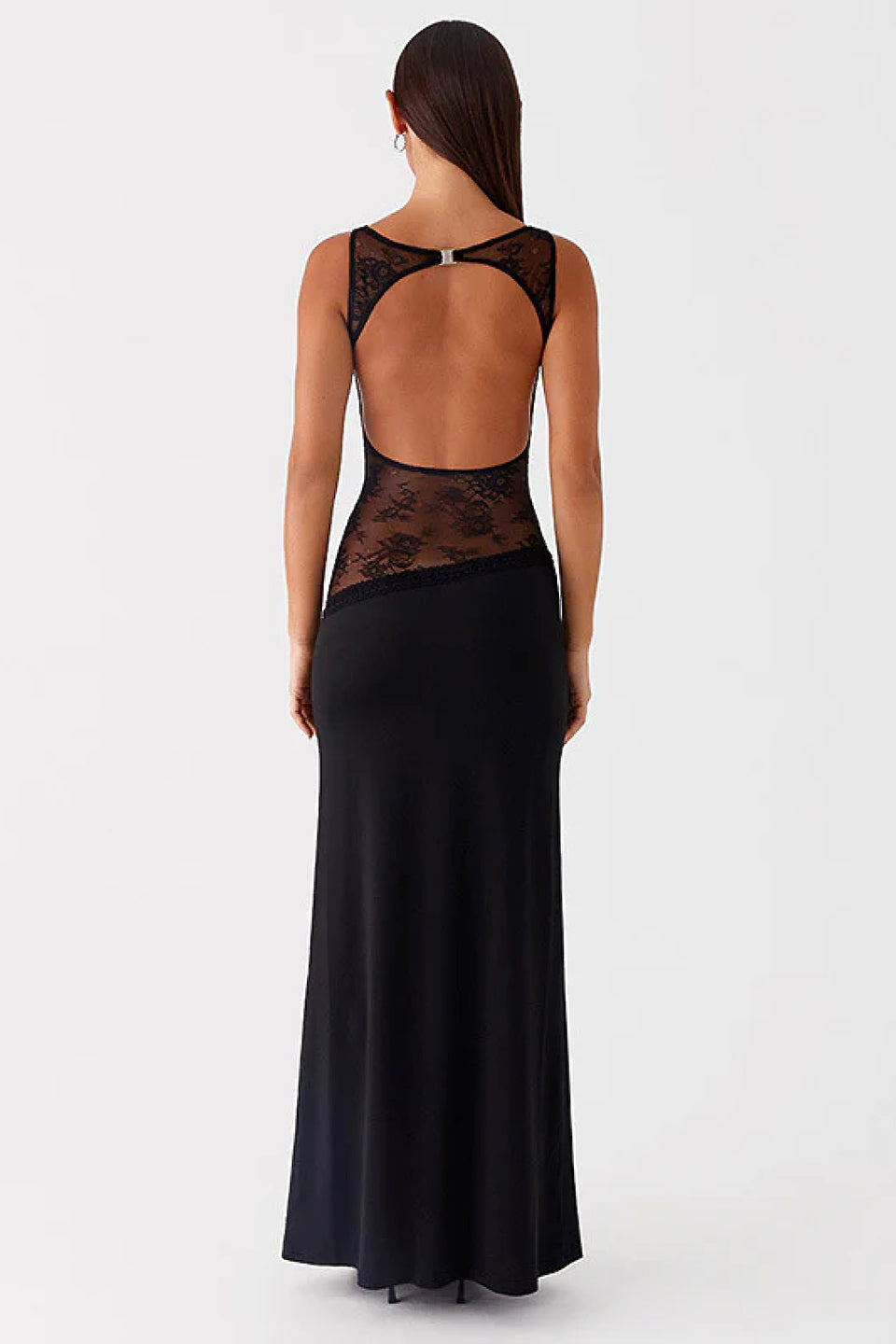 Black Lace Waist Open Back Maxi Dress