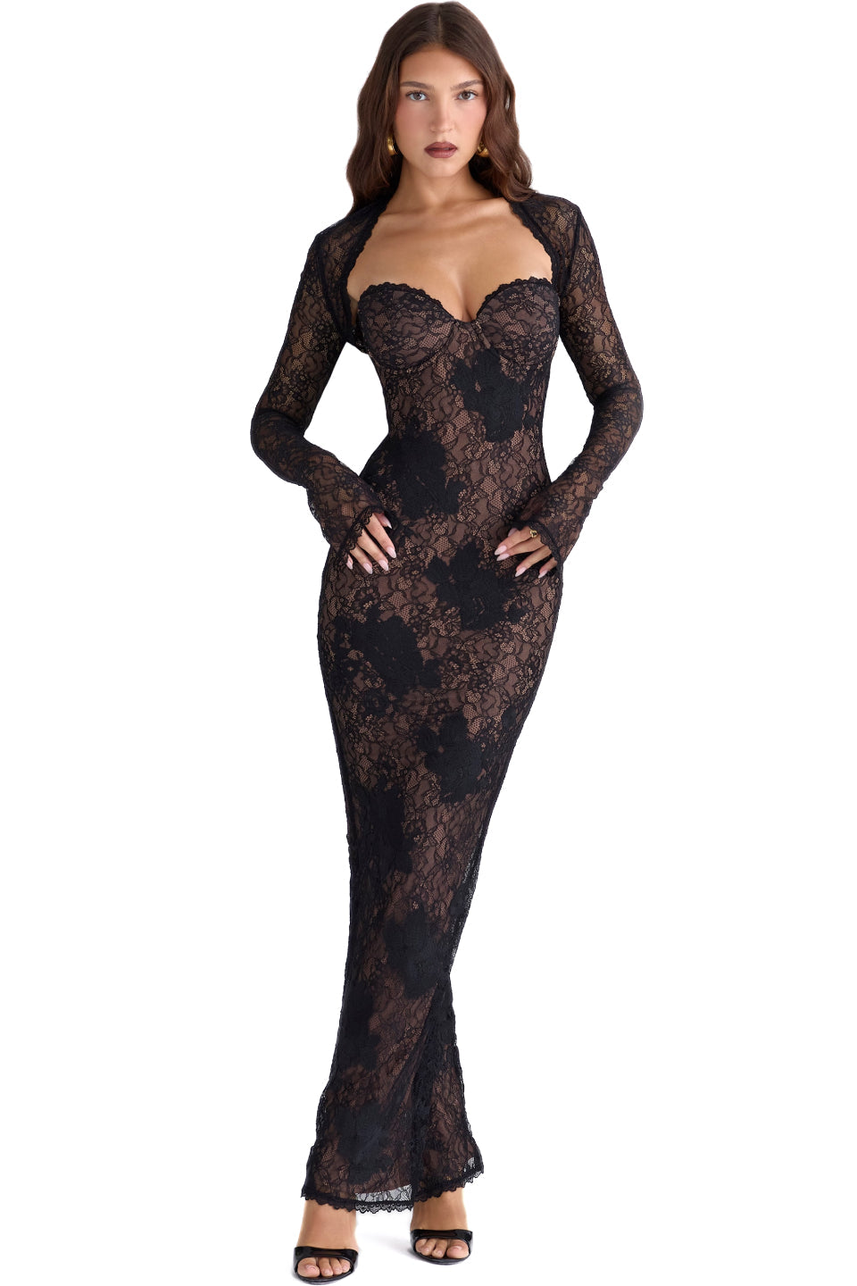 Black Lace Sleeve Bodycon Maxi Dress