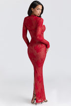 Red Lace Sleeve Bodycon Maxi Dress