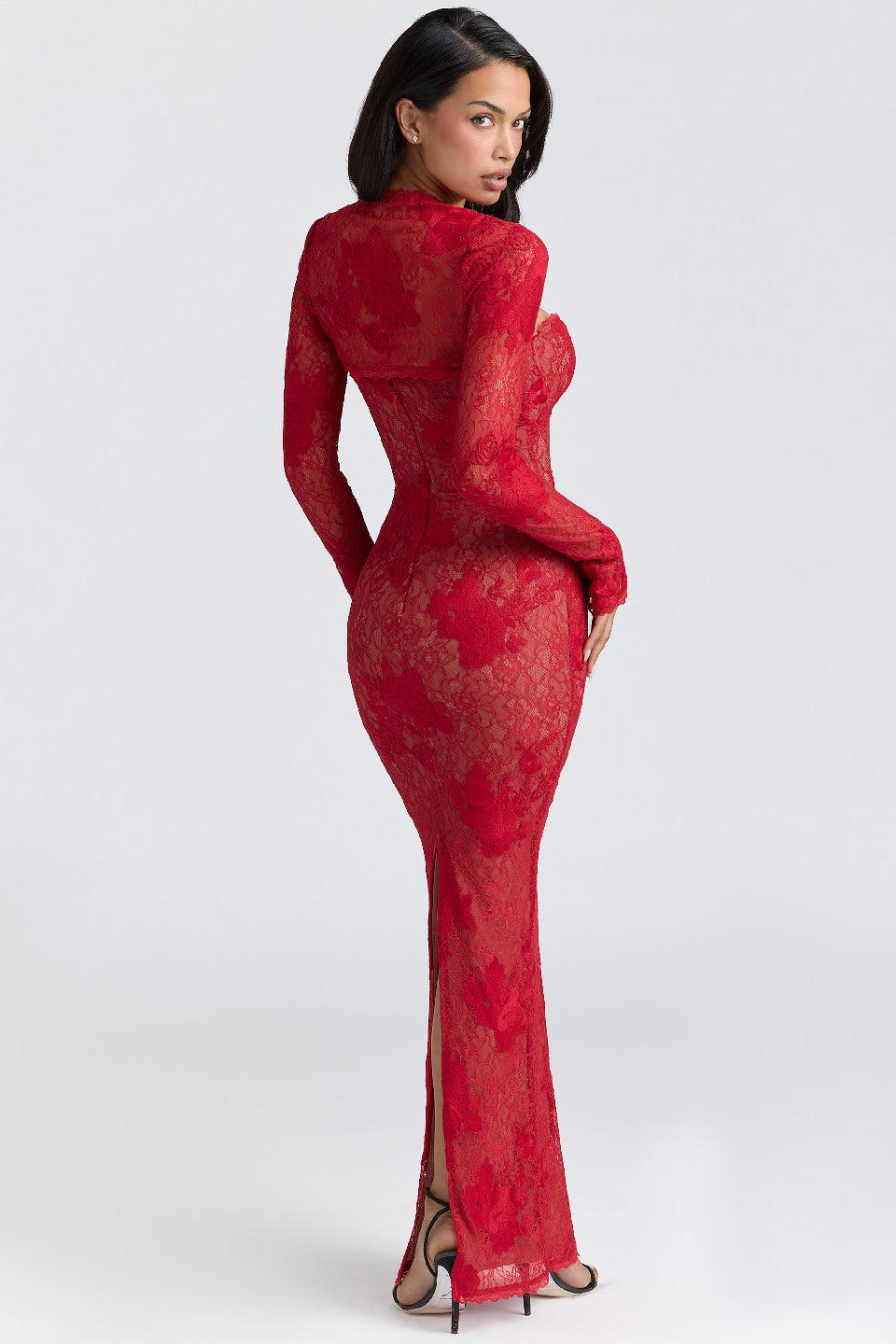 Red Lace Sleeve Bodycon Maxi Dress
