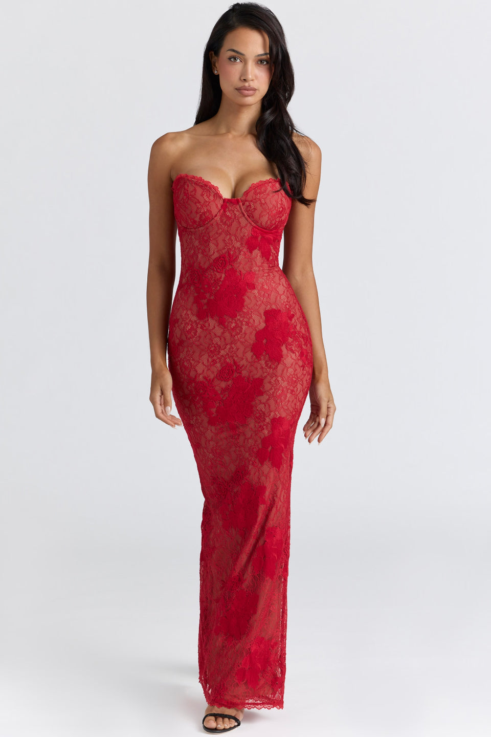 Red Lace Sleeve Bodycon Maxi Dress