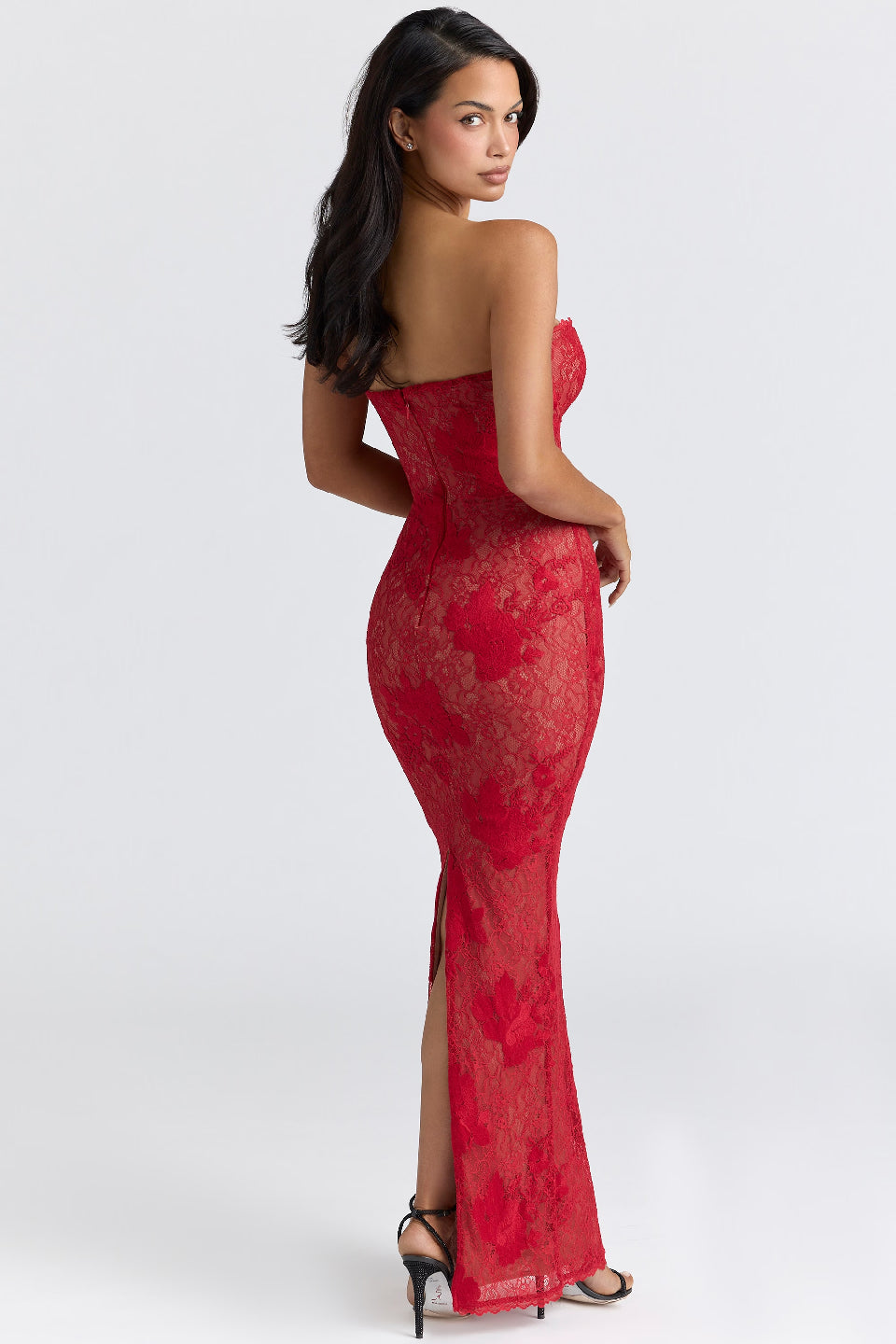 Red Lace Sleeve Bodycon Maxi Dress