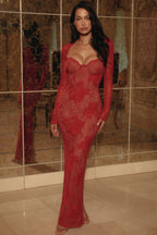 Red Lace Sleeve Bodycon Maxi Dress