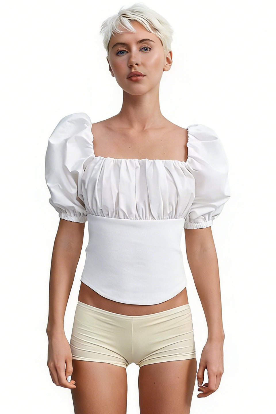 White Puff Sleeve Ruched Crop Top