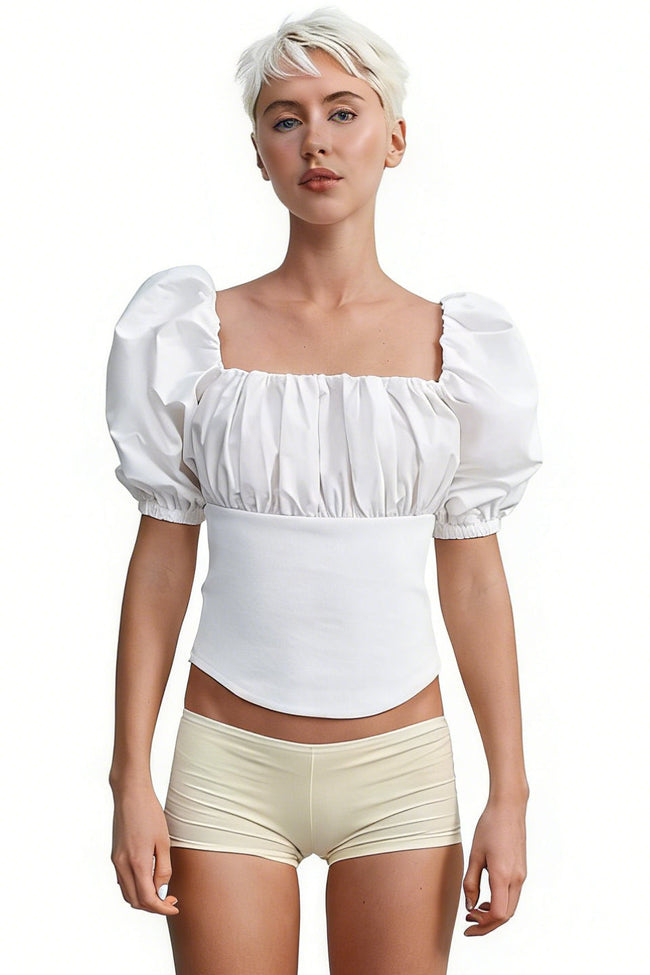 White Puff Sleeve Ruched Crop Top Main Image