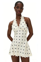 Cream Dot Halter Lace Bow Mini Dress