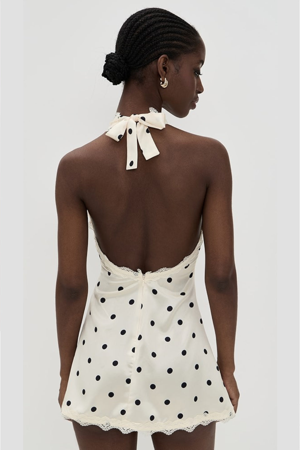 Cream Dot Halter Lace Bow Mini Dress