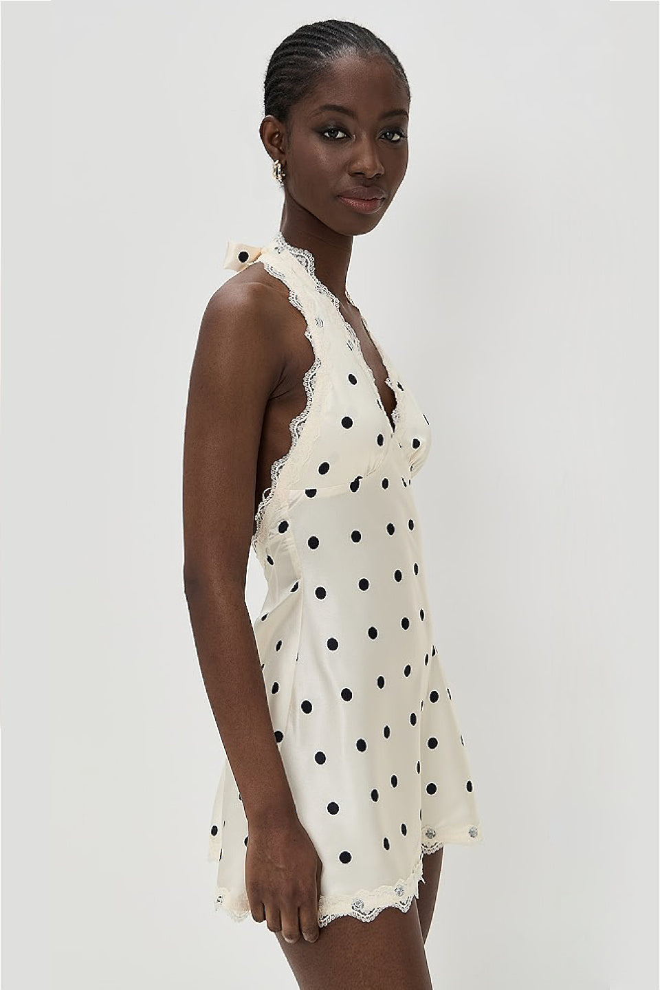Cream Dot Halter Lace Bow Mini Dress