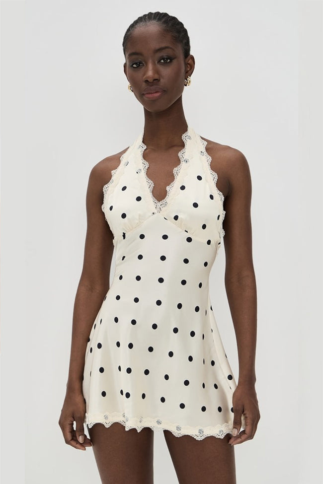 Cream Dot Halter Lace Bow Mini Dress Hover Image