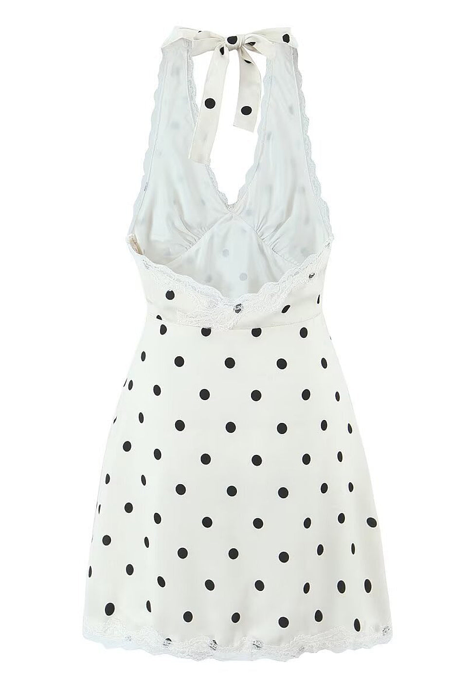 Cream Dot Halter Lace Bow Mini Dress