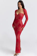 Red Lace Sleeve Bodycon Maxi Dress