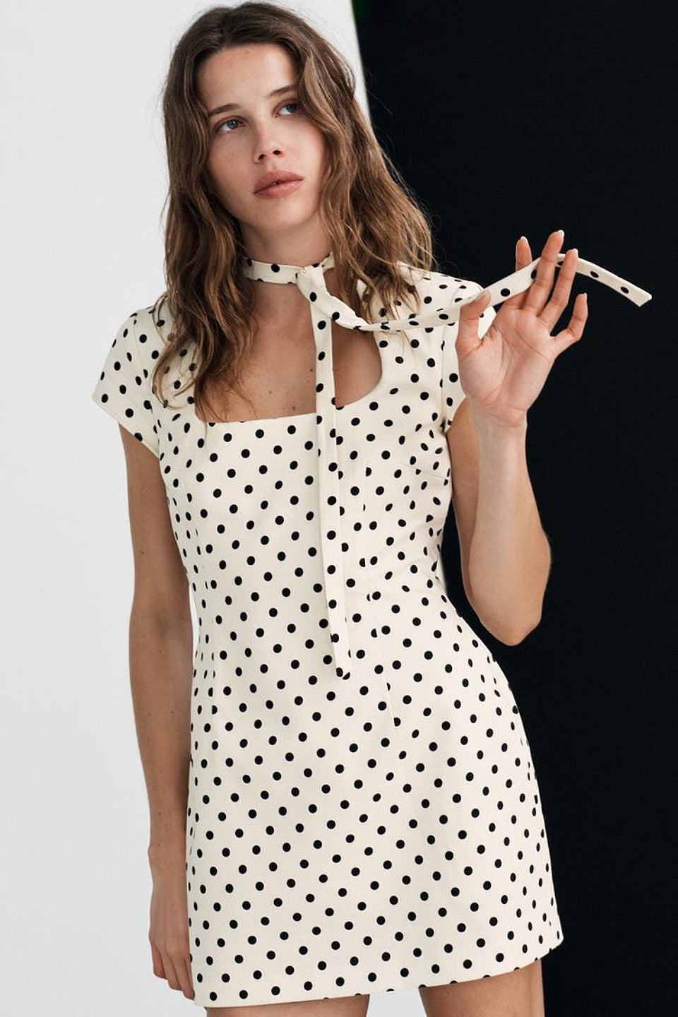 Cream Dot Square Neck Tie Mini Dress