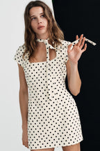 Cream Dot Square Neck Tie Mini Dress