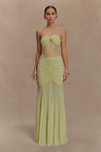 Sage Lace Cutout Mesh Maxi Dress