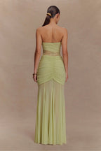 Sage Lace Cutout Mesh Maxi Dress