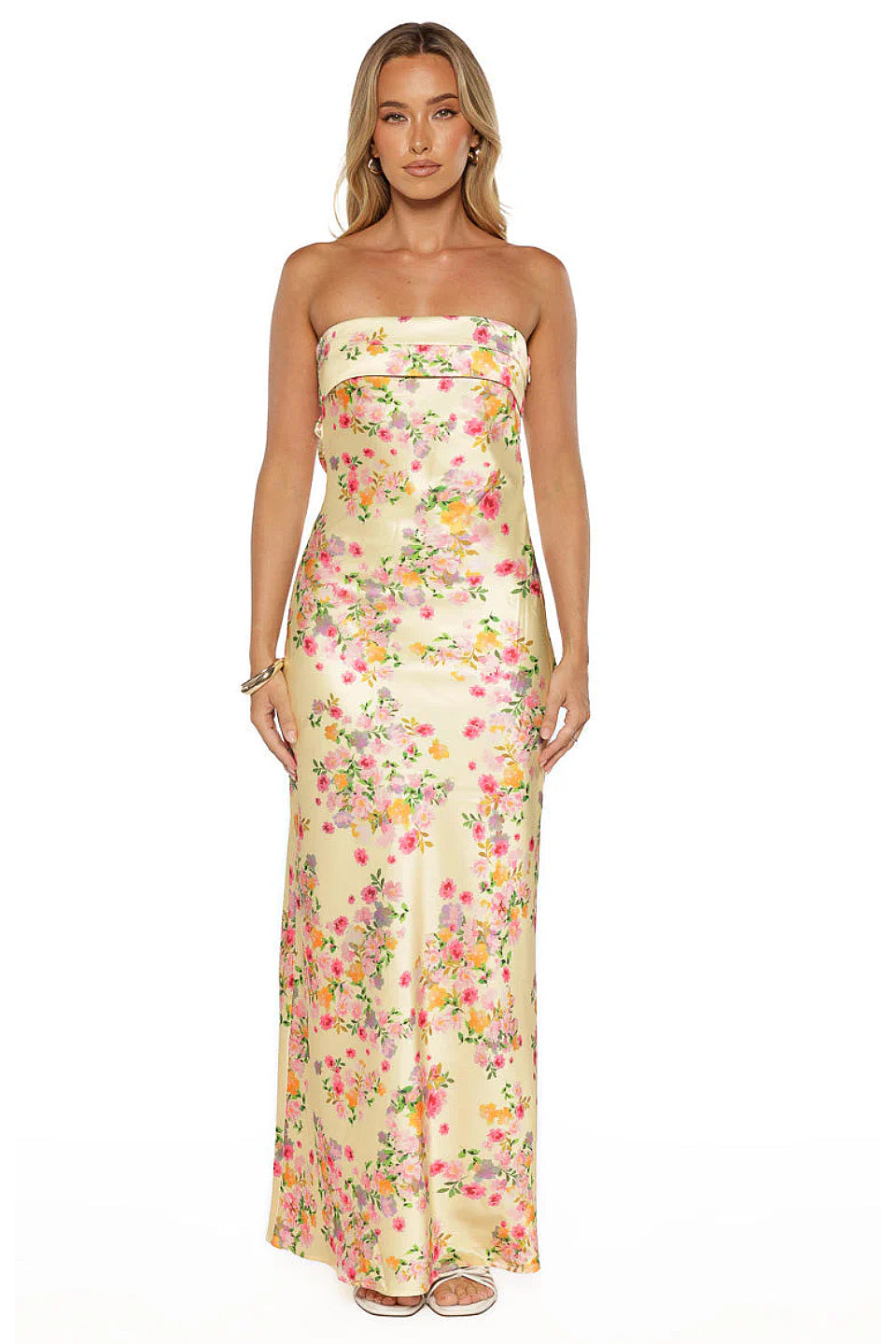 Butter Yellow Floral Satin Maxi Dress