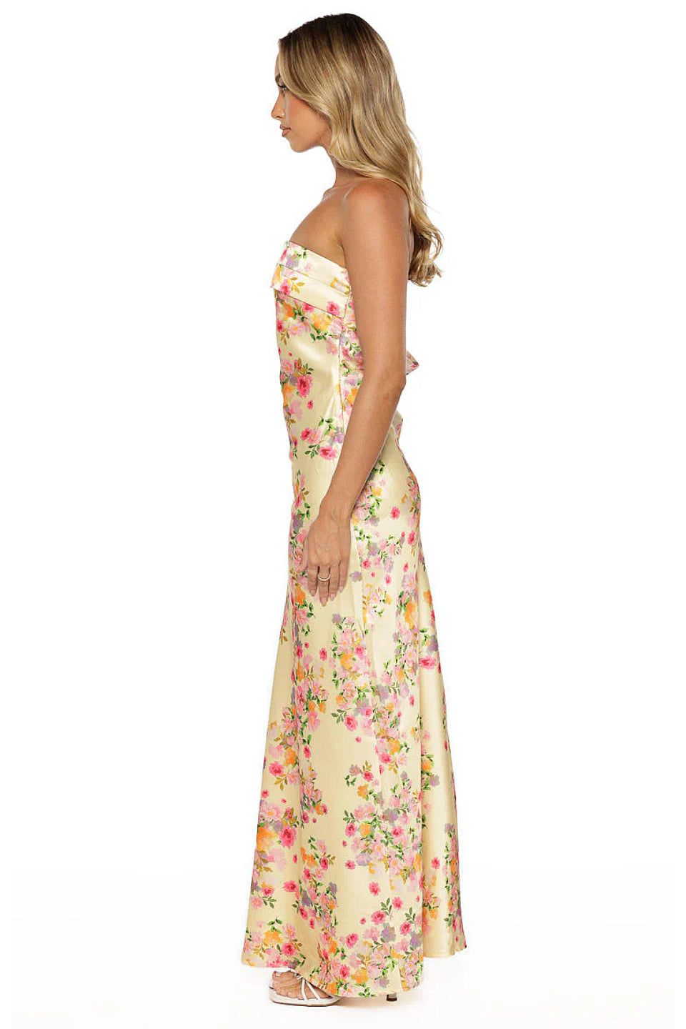 Butter Yellow Floral Satin Maxi Dress
