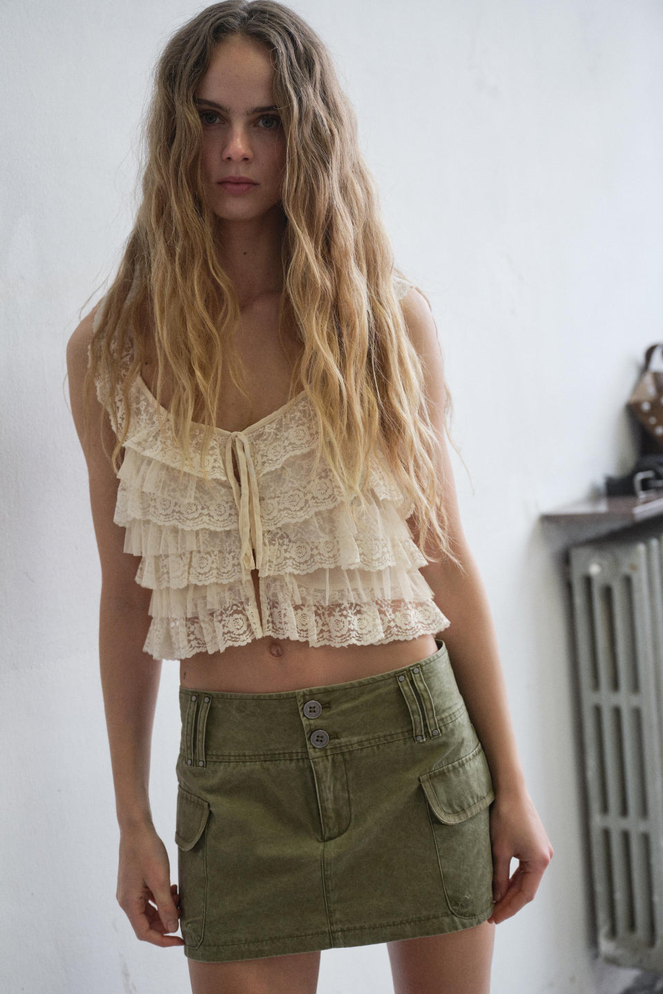 Cream Lace Ruffle Tiered Crop Top