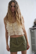 Cream Lace Ruffle Tiered Crop Top