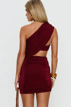 Burgundy One Shoulder Mini Dress