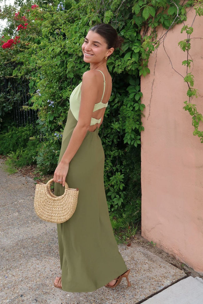 Olive Satin Maxi Dress Main Image