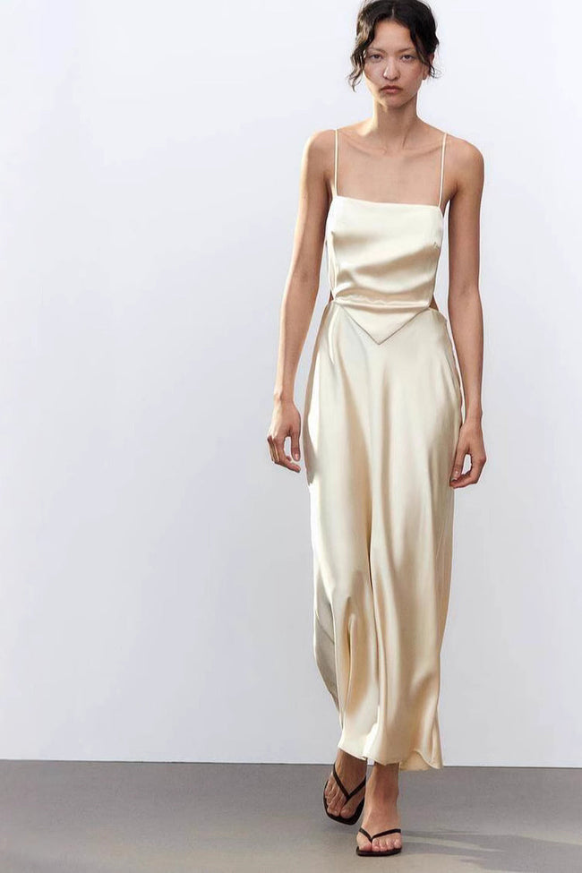 Champagne Satin Maxi Dress Hover Image