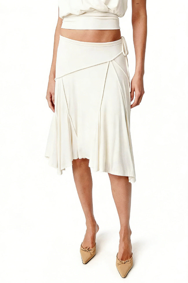 White Ruched Asymmetric Midi Skirt Hover Image