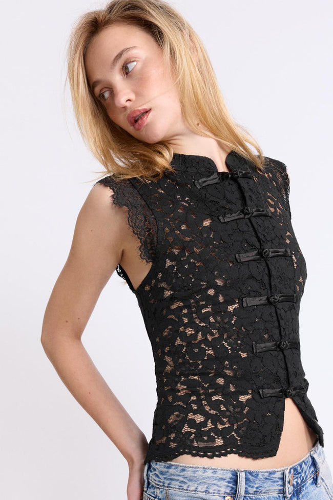 Noir Lace Mandarin Crop Top Main Image