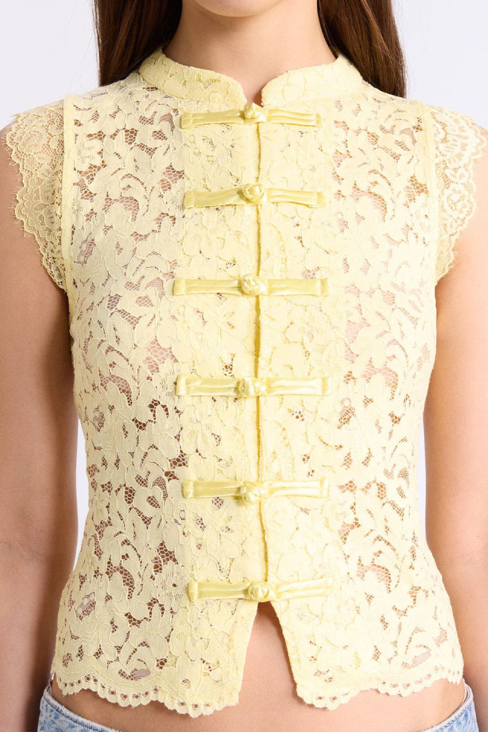 Yellow Lace Mandarin Crop Top