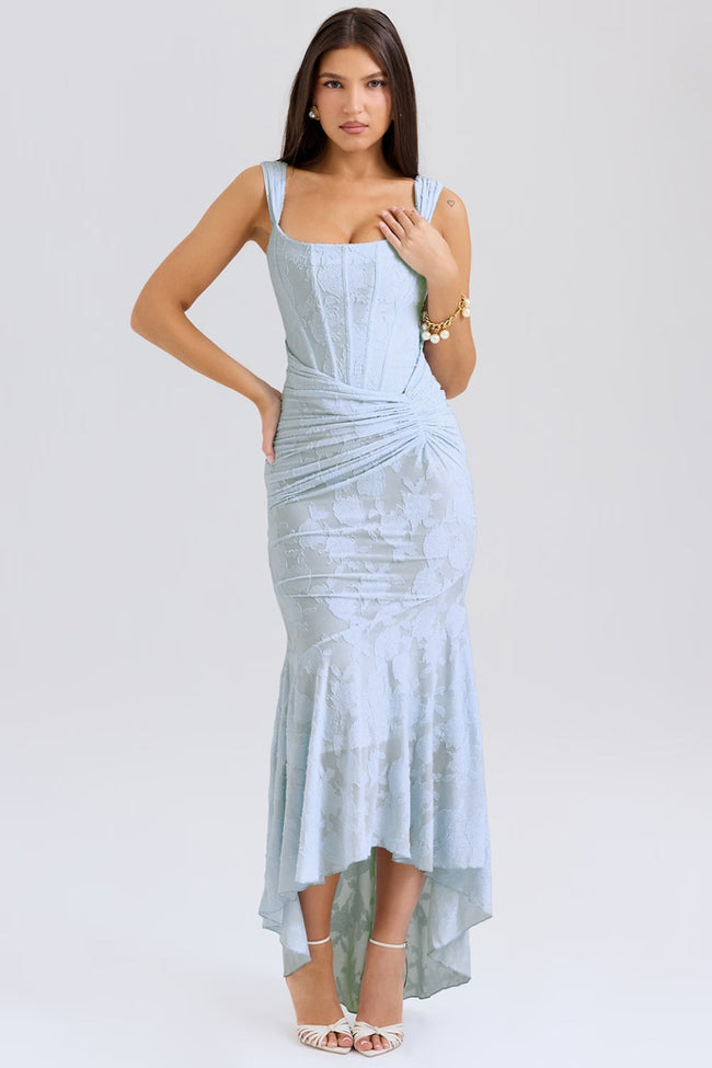 Baby Blue Floral Jacquard Maxi Dress Hover Image