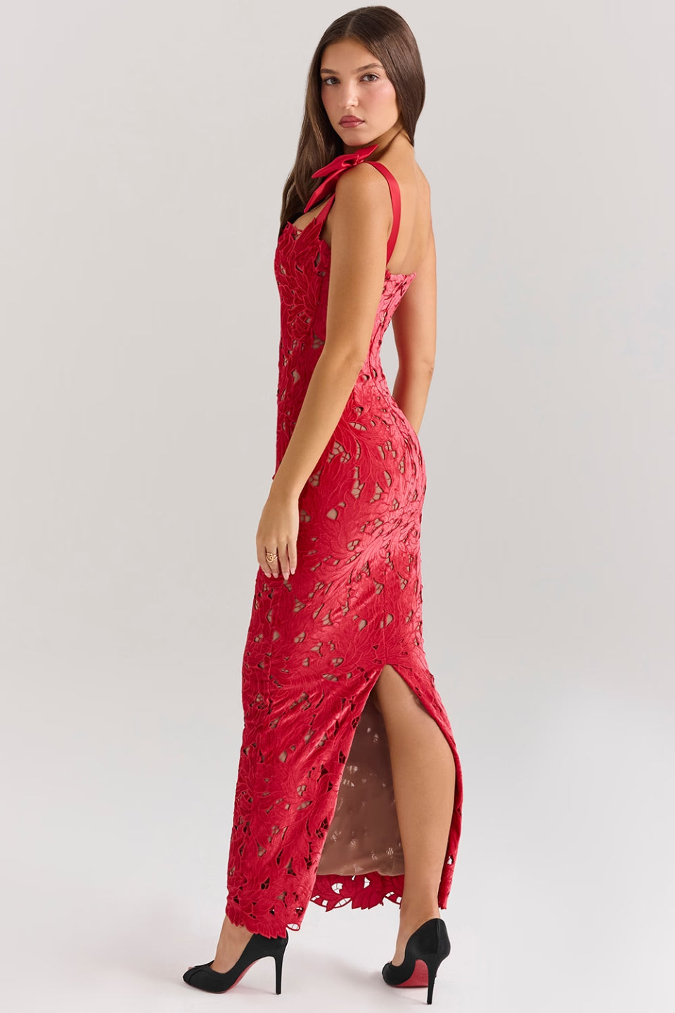 Red Floral Lace Maxi Dress