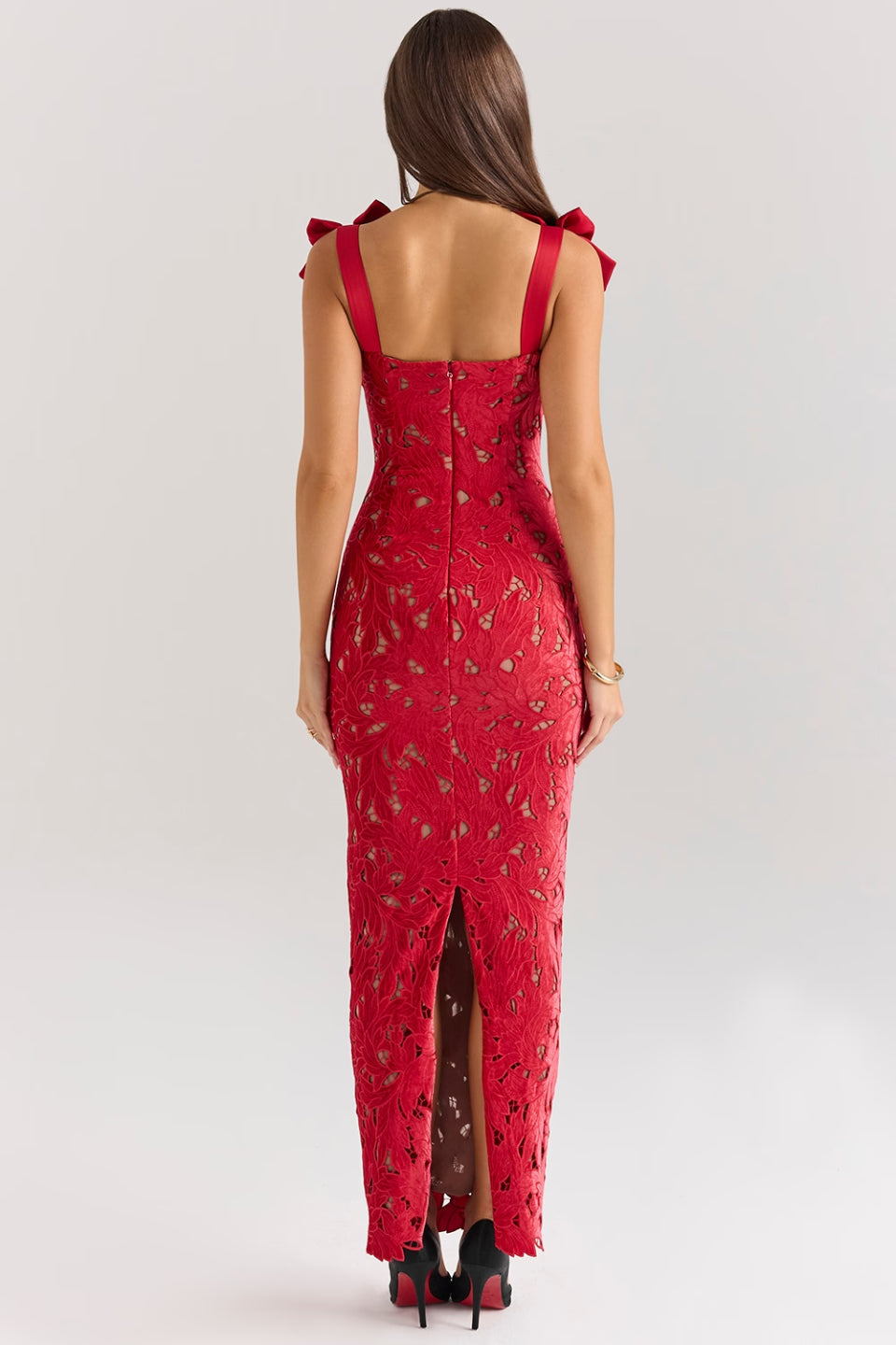 Red Floral Lace Maxi Dress