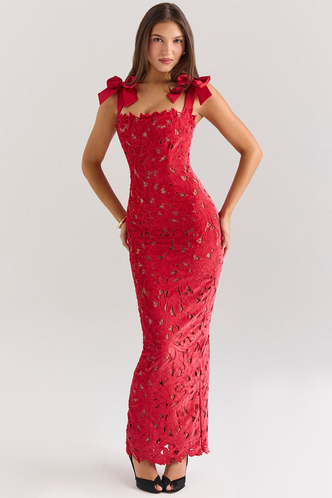 Red Floral Lace Maxi Dress Main Image