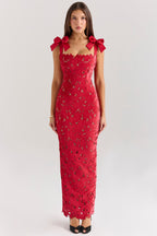 Red Floral Lace Maxi Dress