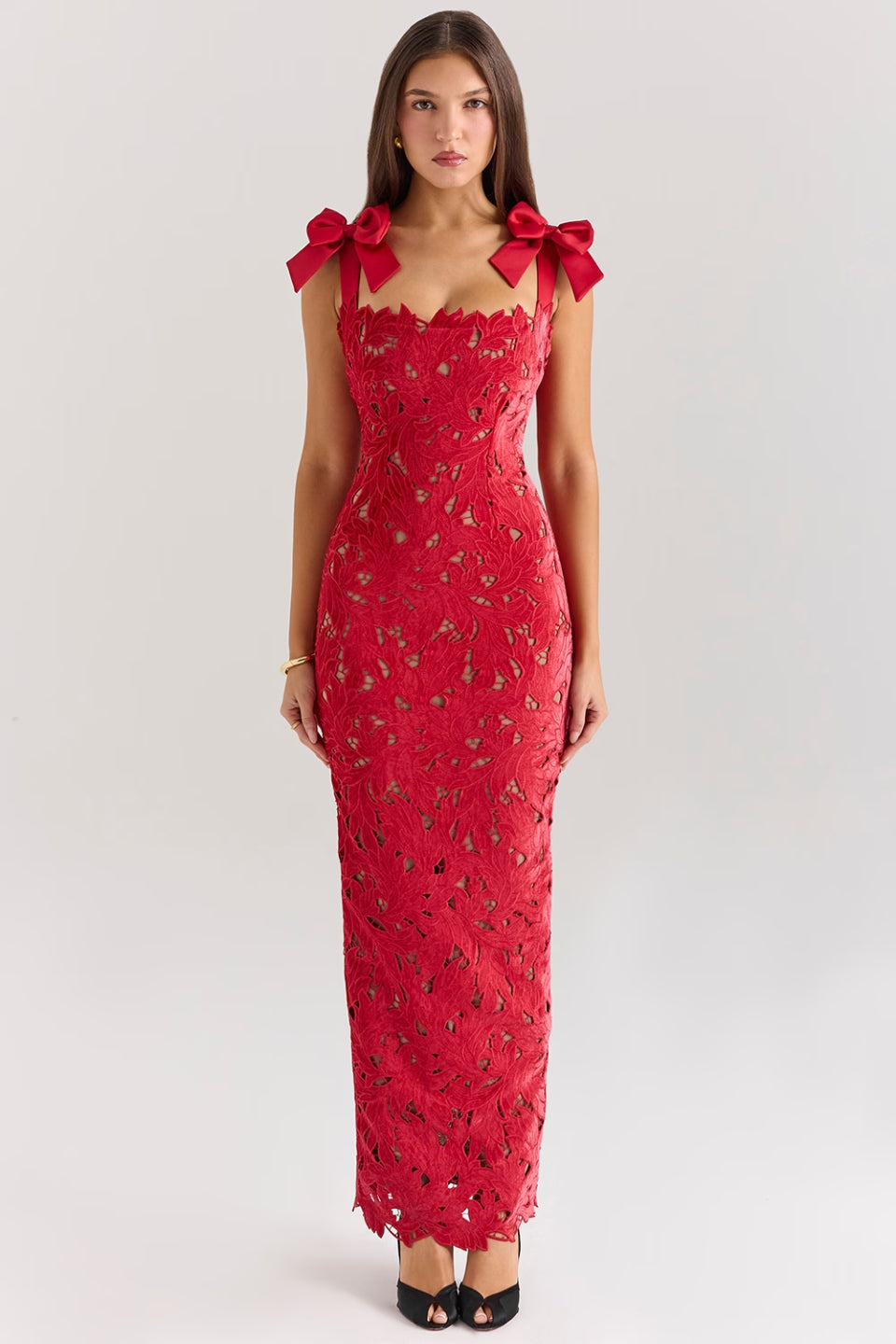 Red Floral Lace Maxi Dress