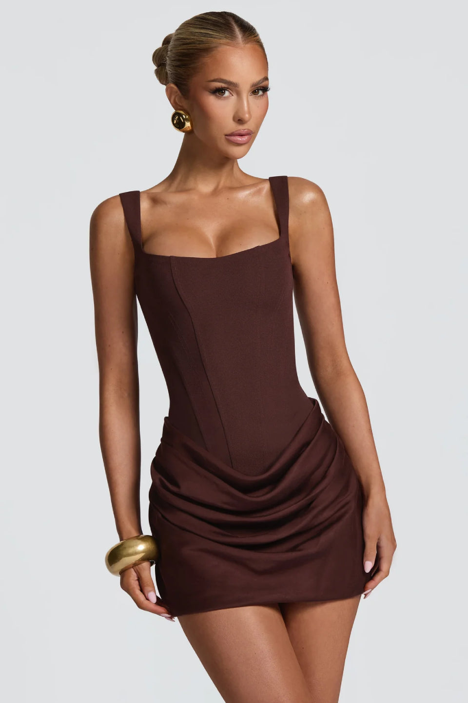 Brown Square Neck Corset Mini Dress