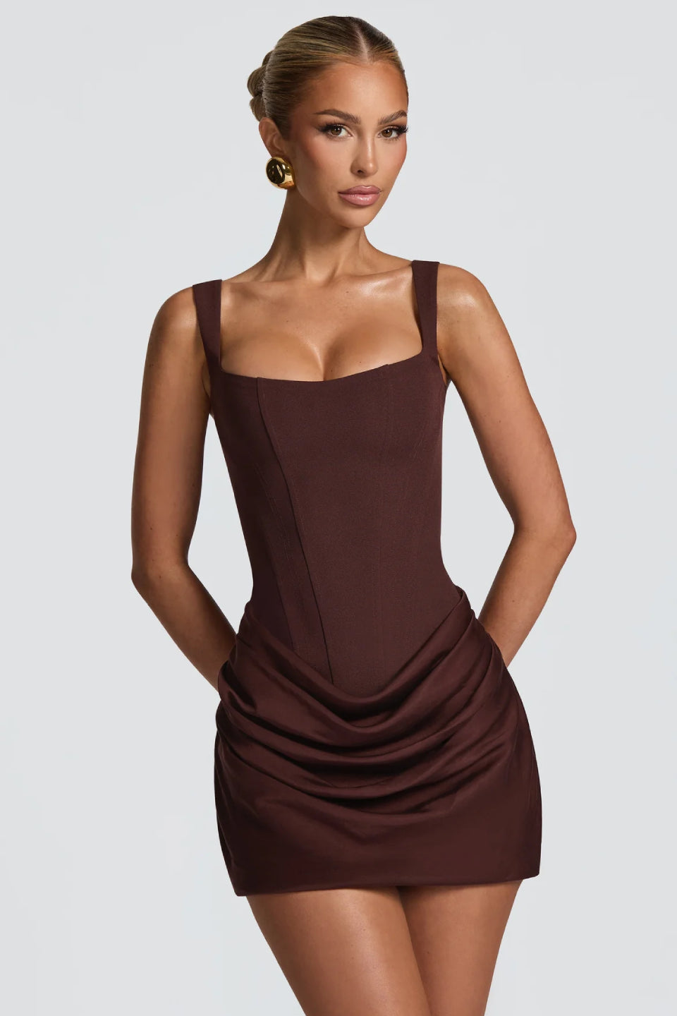 Brown Square Neck Corset Mini Dress