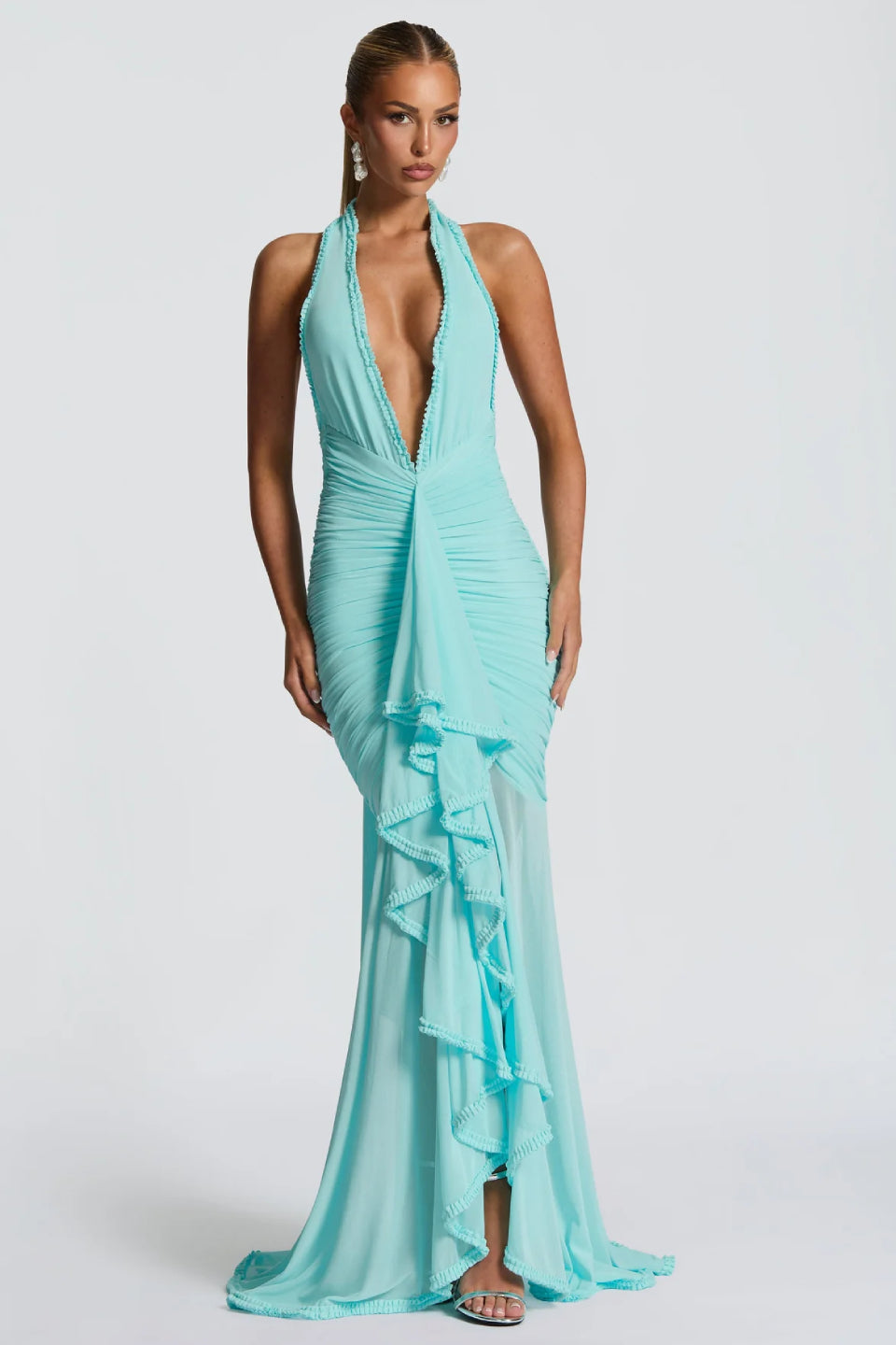 Turquoise Halter Backless Maxi Dress