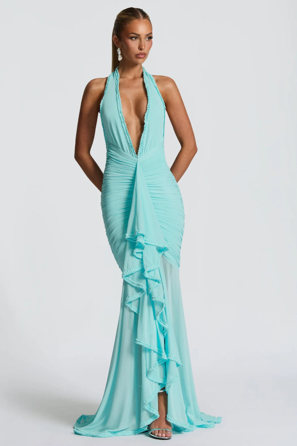 Turquoise Halter Backless Maxi Dress