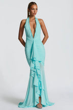 Turquoise Halter Backless Maxi Dress
