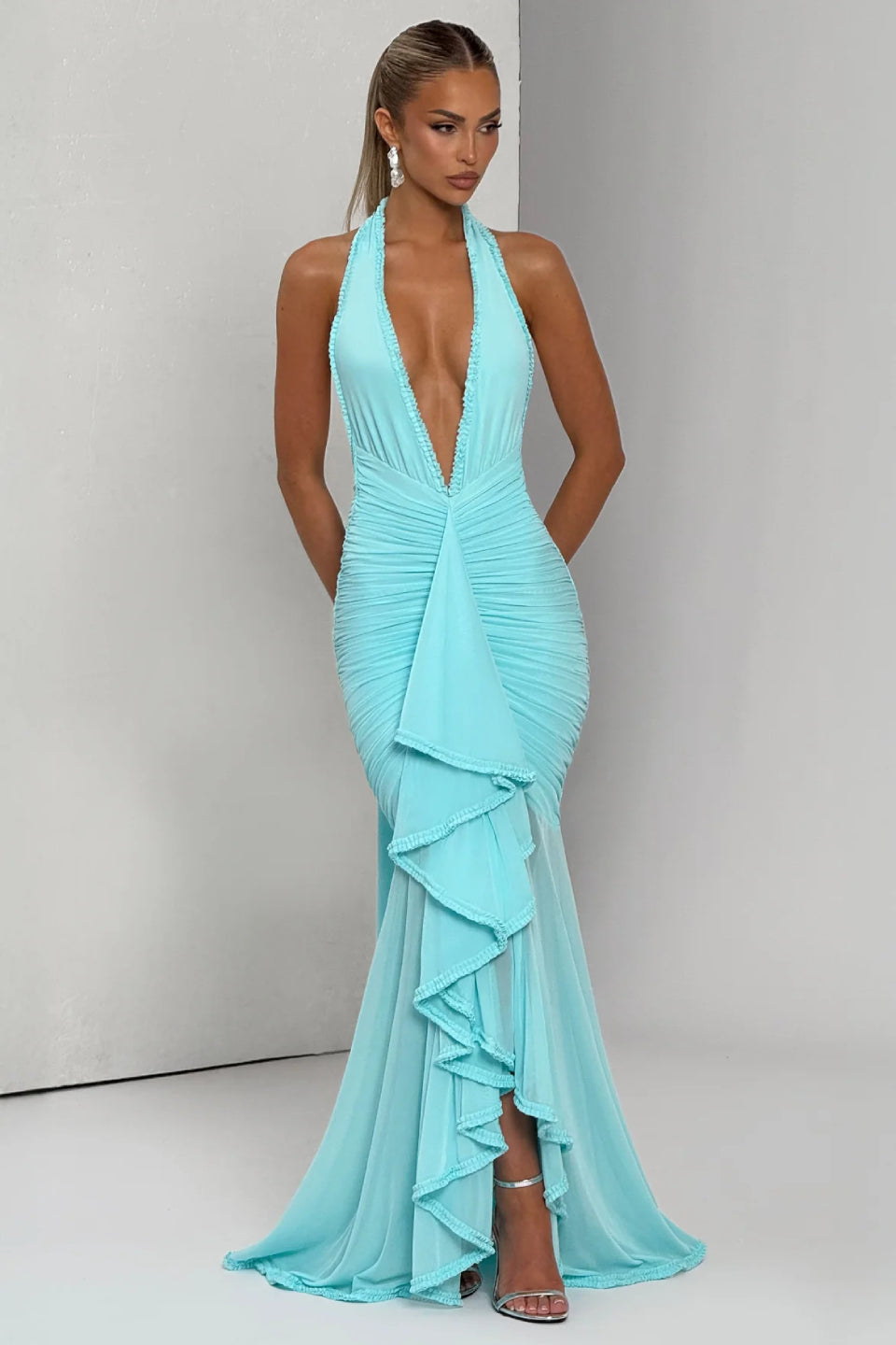 Turquoise Halter Backless Maxi Dress