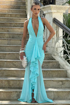 Turquoise Halter Backless Maxi Dress