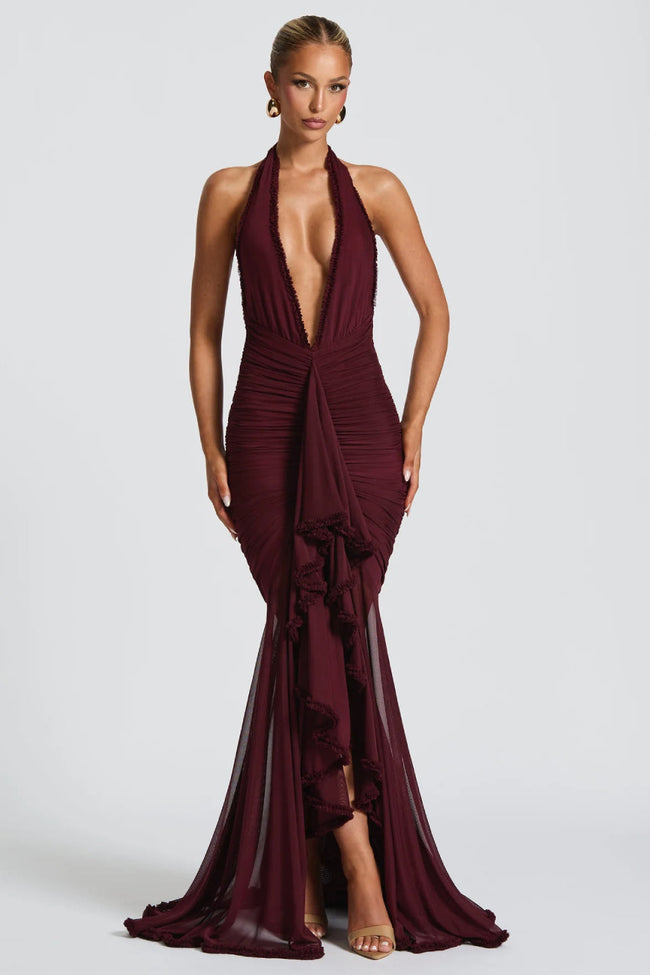 Burgundy Halter Backless Maxi Dress Main Image