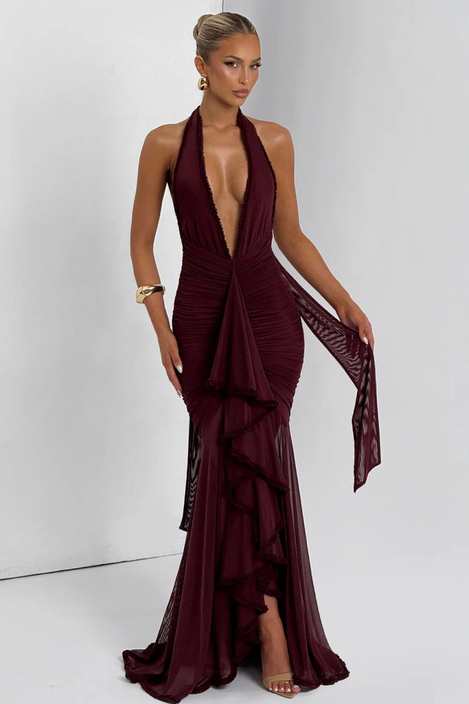 Burgundy Halter Backless Maxi Dress
