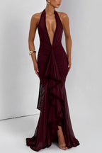 Burgundy Halter Backless Maxi Dress