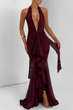 Burgundy Halter Backless Maxi Dress