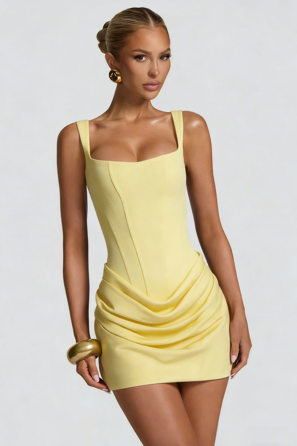 Pale Yellow Square Neck Corset Mini Dress