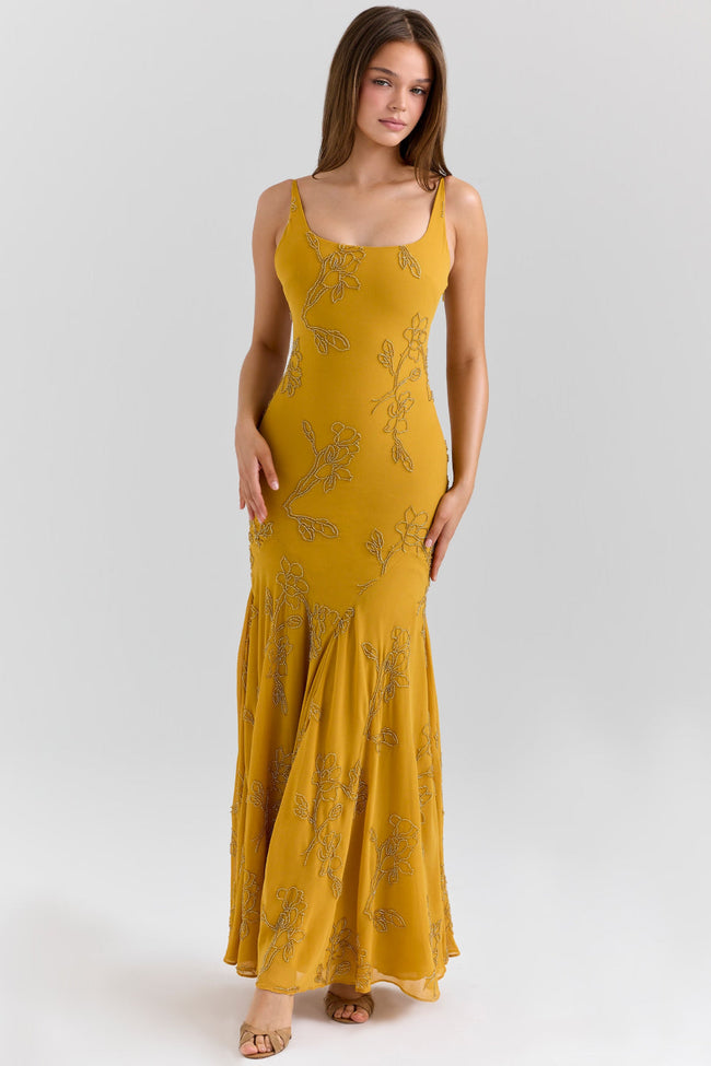 Yellow Embroidered Maxi Dress Hover Image