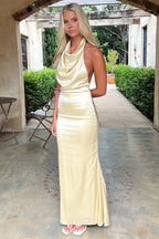 Champagne Satin Halter Maxi Dress